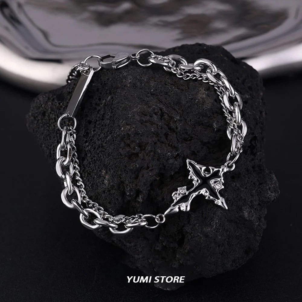 Retro chama cruz pulseira para homem mulher hip hop titânio aço splice corrente charme unisex jóias legal kpop acessórios de luxo