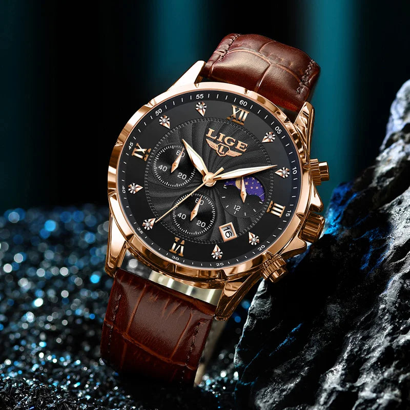 Novos relógios masculinos lige marca superior de luxo couro casual relógio quartzo esporte à prova dwaterproof água relógio relogios masculino + caixa