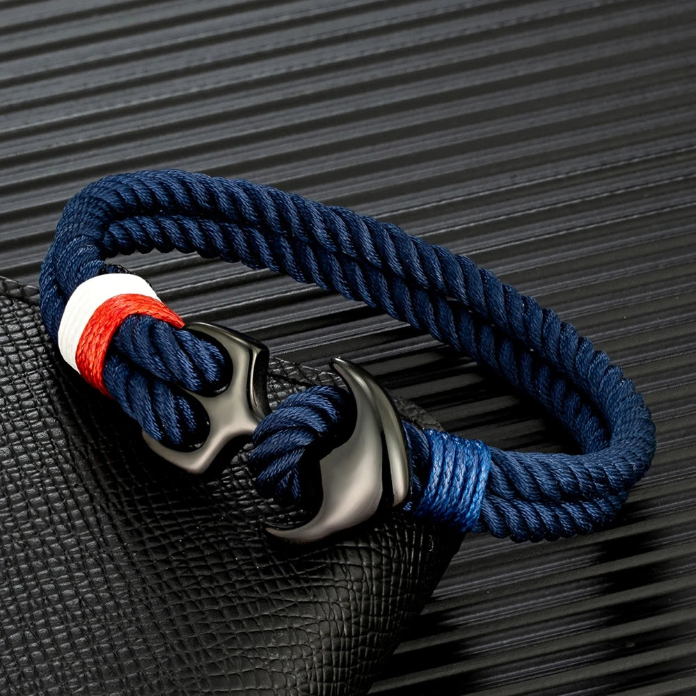 MKENDN Pulseiras de âncora masculinas, fio duplo, surfista náutico, corda à prova d'água, pulseira feminina, fivela esportiva de aço inoxidável preto