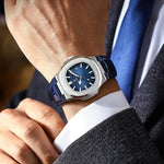 Poedagar topo de luxo quadrado homem relógio data à prova dwaterproof água luminosa relógio de pulso masculino couro alta qualidade relógios quartzo + caixa reloj