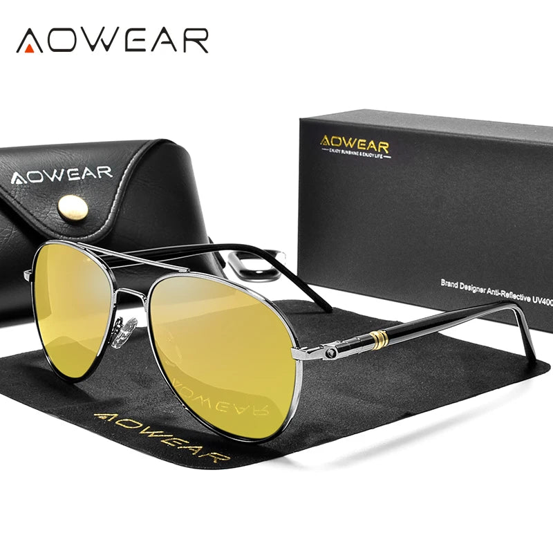 Aowear hd óculos de visão noturna homem polarizado amarelo noite condução aviação óculos de sol marca designer motorista carro óculos