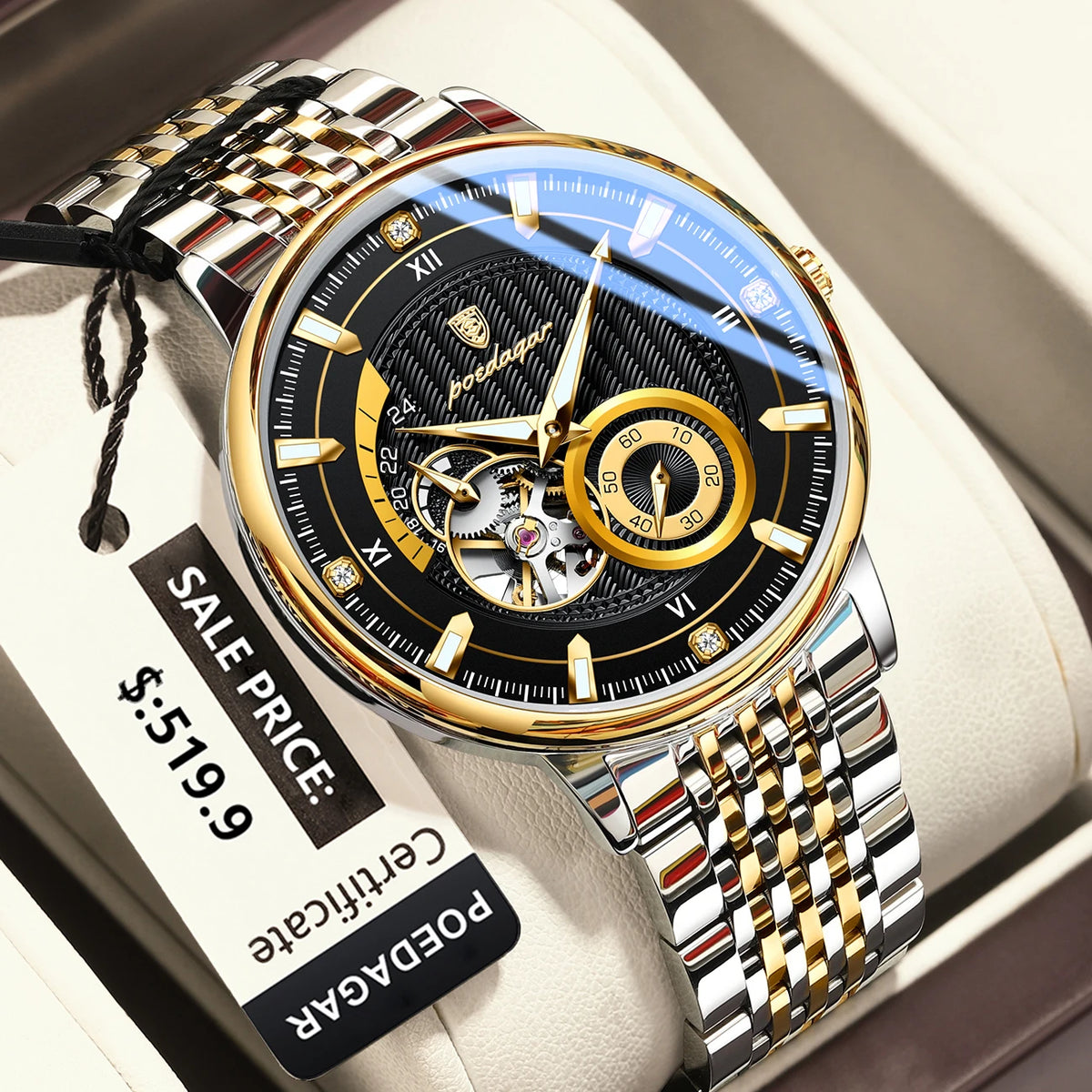 Poedagar topo de luxo relógio masculino luminoso oco tourbillon automático homem relógio de pulso mecânico aço inoxidável relógios masculinos reloj