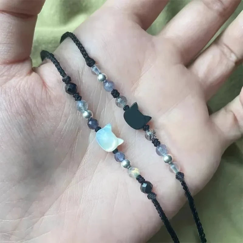 2 pçs natural moonstone obsidiana pulseiras artesanal casal bonito preto branco gato pulseira acessórios jóias