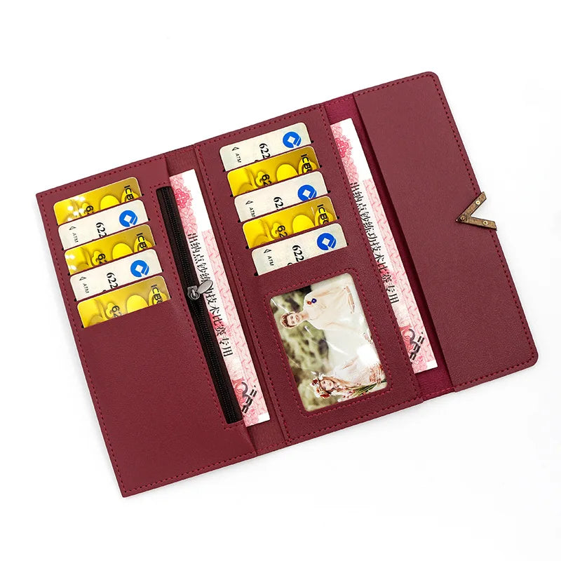 Nova versão coreana carteira feminina longa fivela em forma de v carteira três dobras para mulher, bolsa de mão, bolsa de cartão de mudança