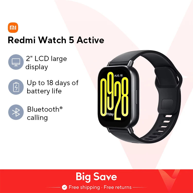Versão global Xiaomi Redmi Watch 5 Active 2 '' Display de até 18 dias de vida útil da bateria mais de 140 modos de treino Chamadas Bluetooth 5ATM