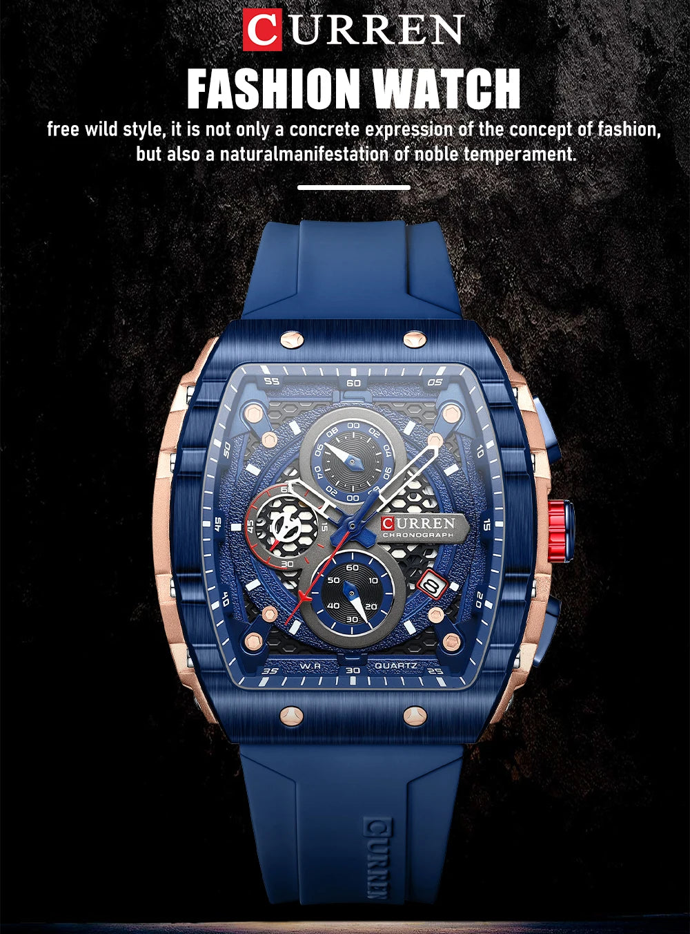 CURREN Esporte Cronógrafo Relógio de Quartzo para Homens Moda Azul Pulseira de Silicone Tonneau Dial Relógio de Pulso com Data 3atm À Prova D 'Água