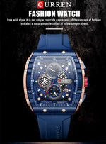 CURREN Esporte Cronógrafo Relógio de Quartzo para Homens Moda Azul Pulseira de Silicone Tonneau Dial Relógio de Pulso com Data 3atm À Prova D 'Água