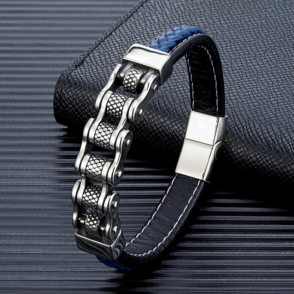 Mkendn punk masculino corrente de motociclista trançado pulseira de couro genuíno aço inoxidável fivela magnética pulseira presentes homme pulseras