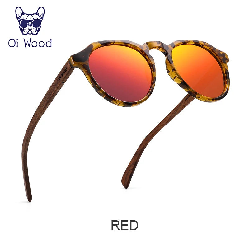Oi óculos de sol de madeira feminino masculino óculos de sol de madeira de nogueira redondos lentes vermelhas armações de concha de tartaruga