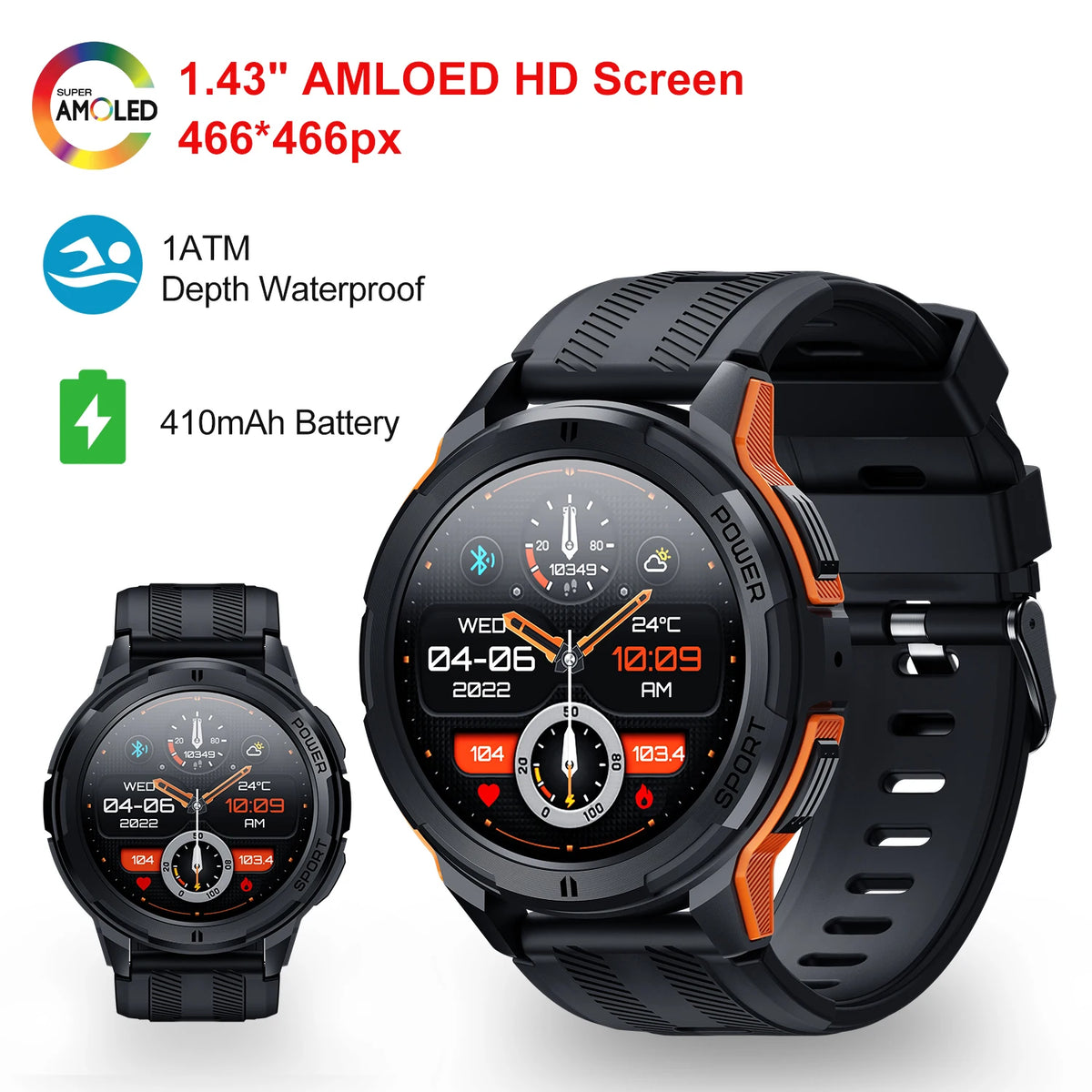 À prova d'água relógio inteligente para homens e mulheres, ritmo cardíaco fitness smartwatch, chamada bluetooth, esportes ao ar livre, 1,43 "tela amoled, 1atm, c25