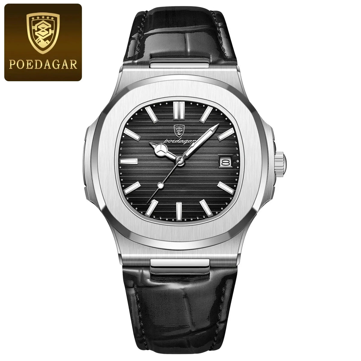 Poedagar topo de luxo quadrado homem relógio data à prova dwaterproof água luminosa relógio de pulso masculino couro alta qualidade relógios quartzo + caixa reloj