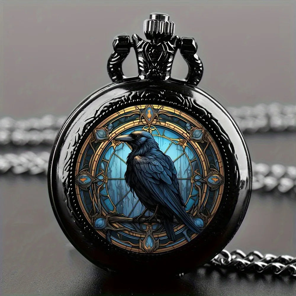 Relógio de bolso requintado de corvo inteligente estilo vintage - movimento de quartzo, mostrador redondo, colar preto exclusivo presente de lembrança para crianças