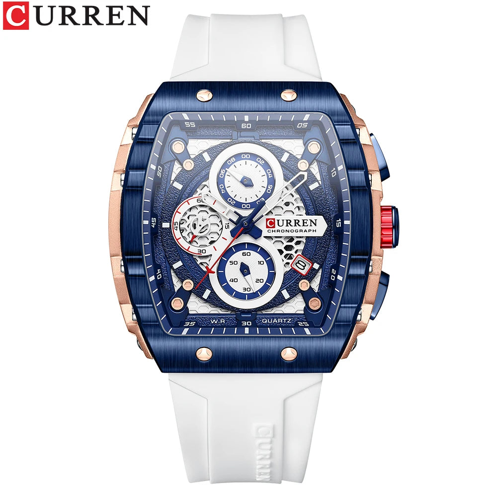 CURREN Esporte Cronógrafo Relógio de Quartzo para Homens Moda Azul Pulseira de Silicone Tonneau Dial Relógio de Pulso com Data 3atm À Prova D 'Água