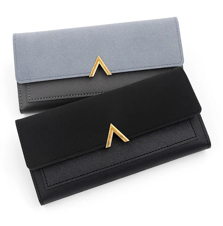 Nova versão coreana carteira feminina longa fivela em forma de v carteira três dobras para mulher, bolsa de mão, bolsa de cartão de mudança