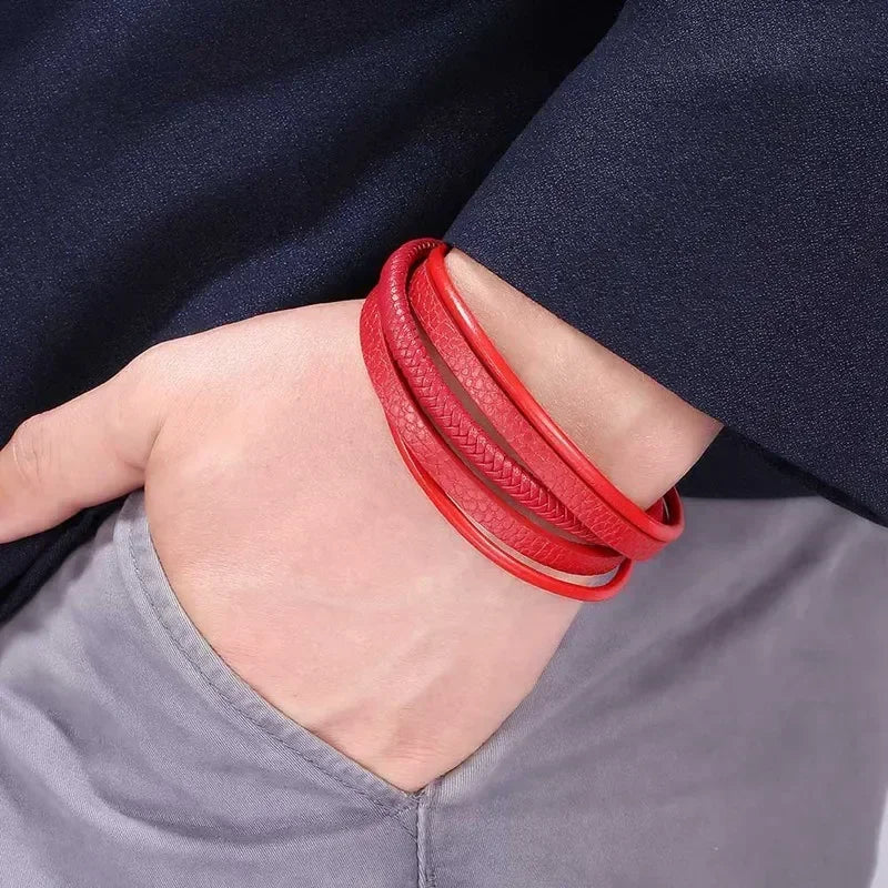 Moda pulseiras de couro vermelho masculino aço inoxidável multicamadas trançado corda pulseiras para mulheres pulseira jóias presentes sp1076