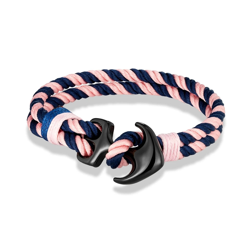 MKENDN Pulseiras de âncora masculinas, fio duplo, surfista náutico, corda à prova d'água, pulseira feminina, fivela esportiva de aço inoxidável preto
