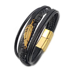 Combinação de couro multicamadas acessórios de folha de bordo estilo simples pulseira de couro de aço inoxidável masculino presente clássico grande venda