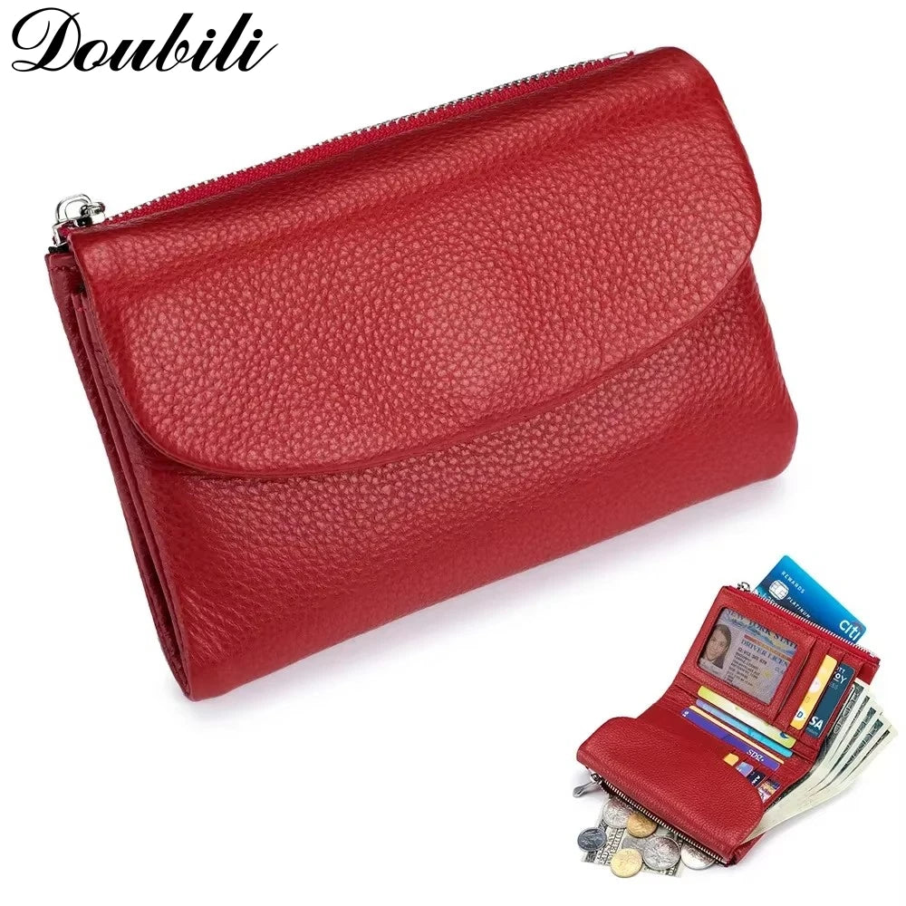 Carteira curta feminina Doubili carteira de couro macio moda bolsa de cor sólida
