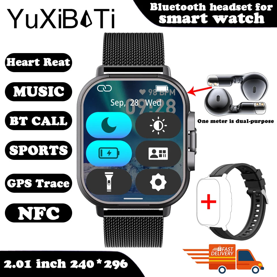 2024 relógio inteligente 2 em 1 com fone de ouvido smartwatch bluetooth chamada relógio masculino gps pista monitor freqüência cardíaca jogar música smartwatch