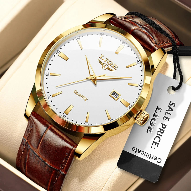 Lige moda relógio de couro marrom masculino militar esportes quartzo relógios de pulso casual à prova dwaterproof água cronógrafo relogios masculino