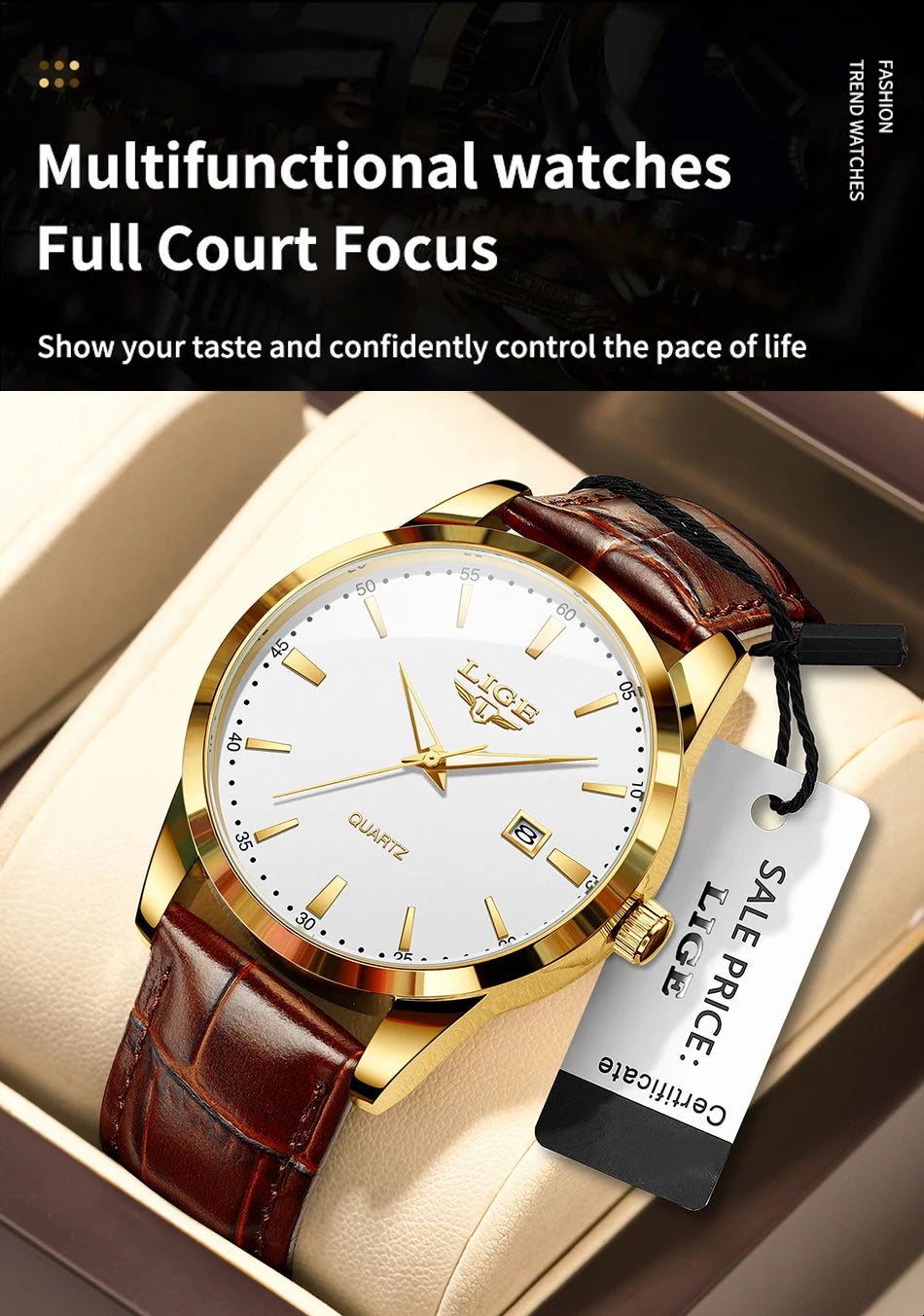 Lige moda relógio de couro marrom masculino militar esportes quartzo relógios de pulso casual à prova dwaterproof água cronógrafo relogios masculino