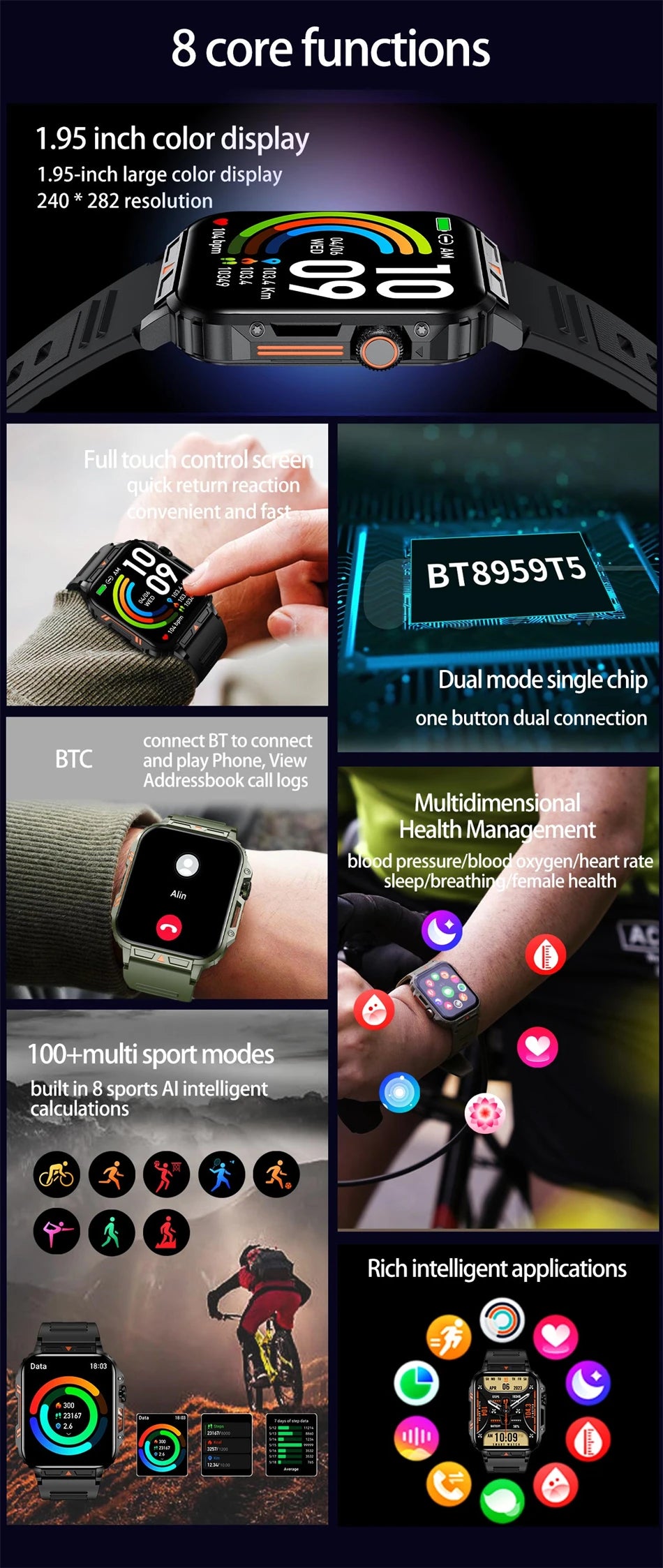 Novo esportes ao ar livre relógio inteligente masculino 1.95 polegada freqüência cardíaca oxigênio no sangue à prova dwaterproof água bt chamada smartwatch presente masculino para android ios