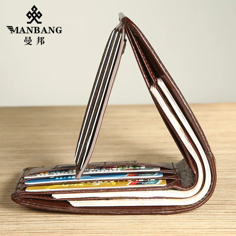 【Couro de couro genuíno】Manbang marca venda quente carteira masculina de luxo original curto tri-fold primeira camada bolsa de negócios
