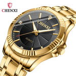 CHENXI-Homens e Mulheres Relógio De Pulso De Quartzo De Aço Inoxidável, Relógios De Negócios Impermeáveis, Relógios De Vestido Dourado Único, Marca De Luxo, 050A