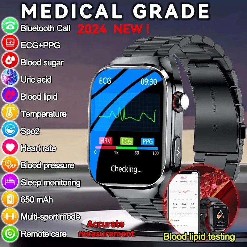 2024 novo grau médico ácido úrico gordura no sangue smartwatch ecg glicose no sangue freqüência cardíaca pressão arterial monitoramento de saúde relógio inteligente