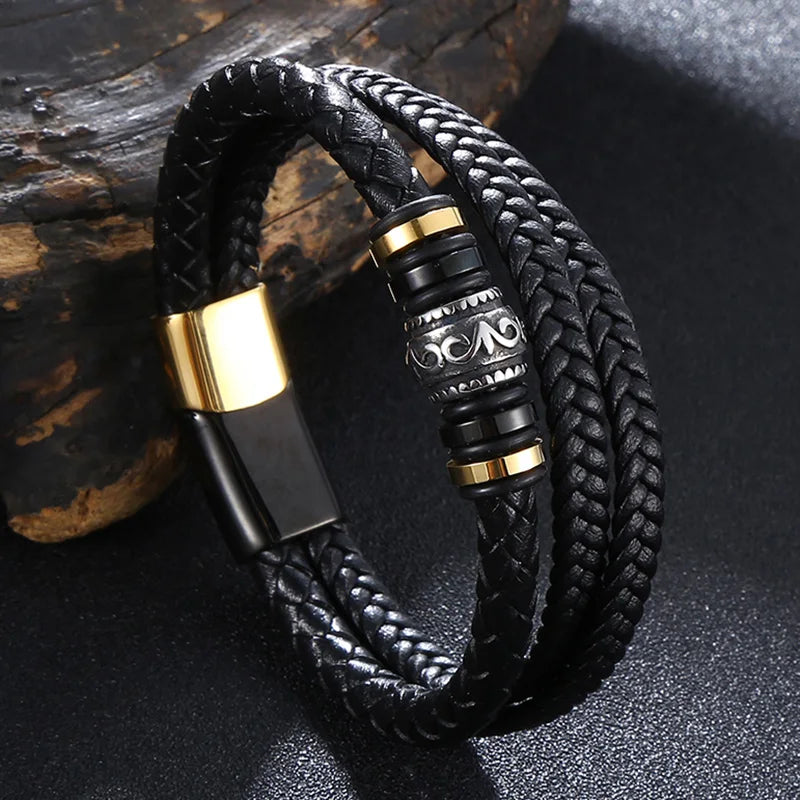 Moda pulseiras de couro vermelho masculino aço inoxidável multicamadas trançado corda pulseiras para mulheres pulseira jóias presentes sp1076