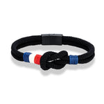 MKENDN Pulseira de corda com nó quadrado de aço inoxidável preto, masculina, feminina, feita à mão, design de camada dupla, bandeira da França, joias de casal