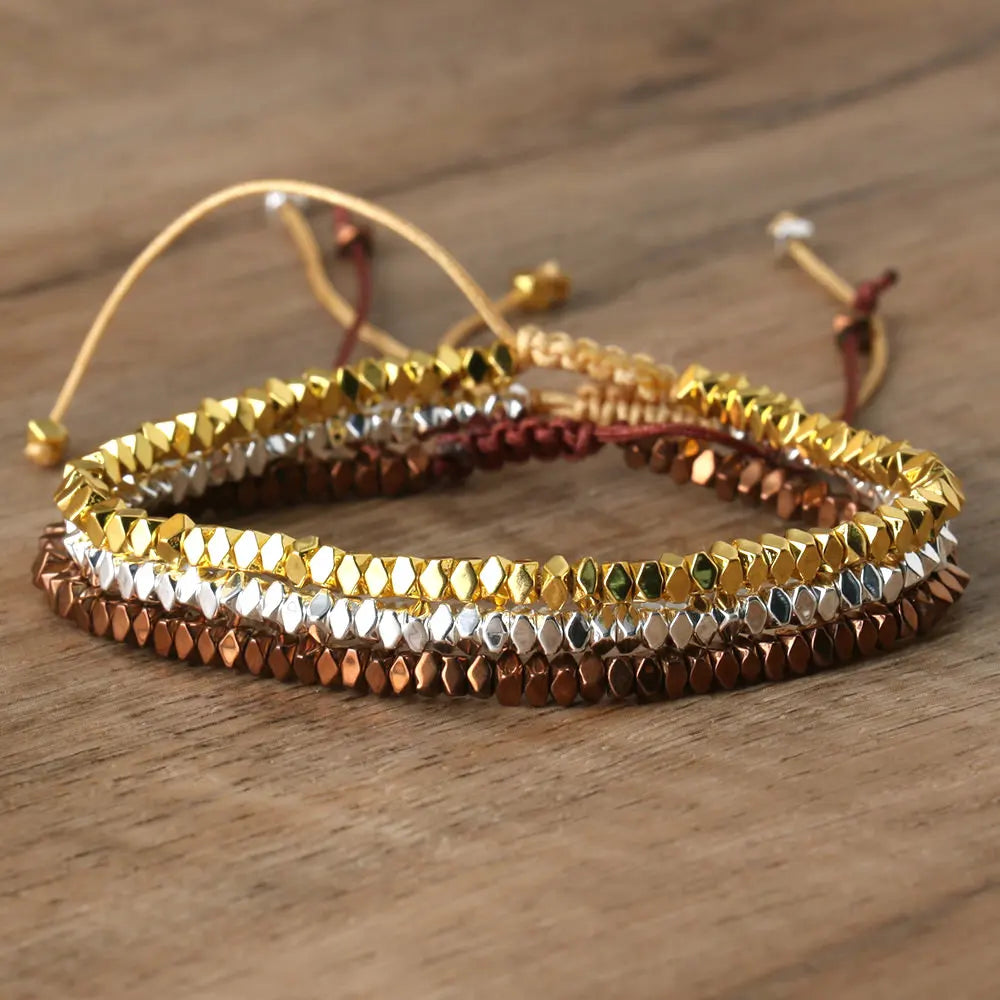 2x3 ouro/prata/ouro rosa contas facetadas trança pulseira ajustável para mulheres homens cintilante delicado pulseira jóias