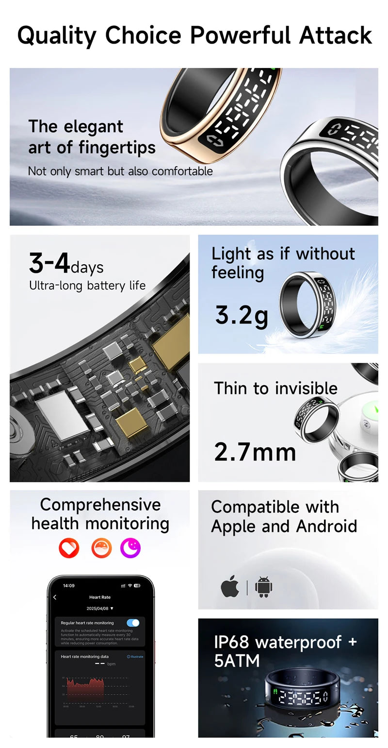 Xiaomi anel inteligente tela de exibição toque monitor saúde gesto furto vídeo/escova tiktok 5atm à prova dwaterproof água smartring para homens