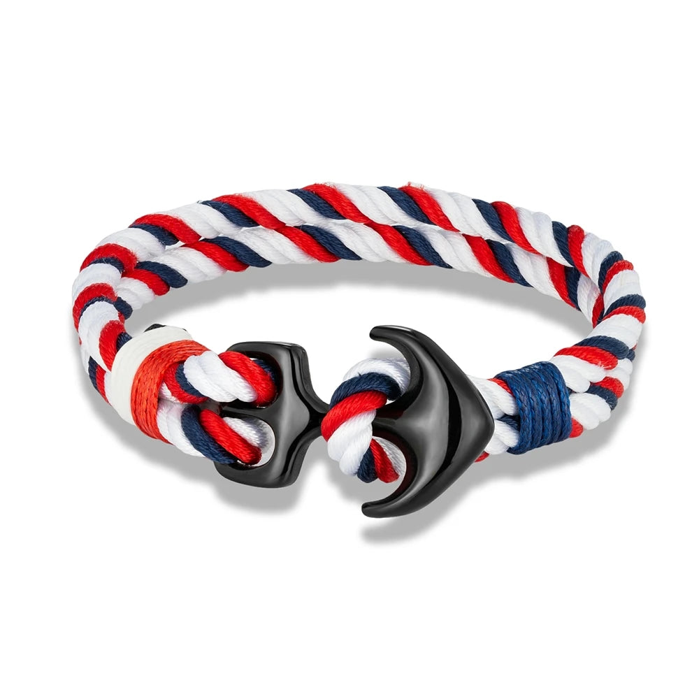 MKENDN Pulseiras de âncora masculinas, fio duplo, surfista náutico, corda à prova d'água, pulseira feminina, fivela esportiva de aço inoxidável preto