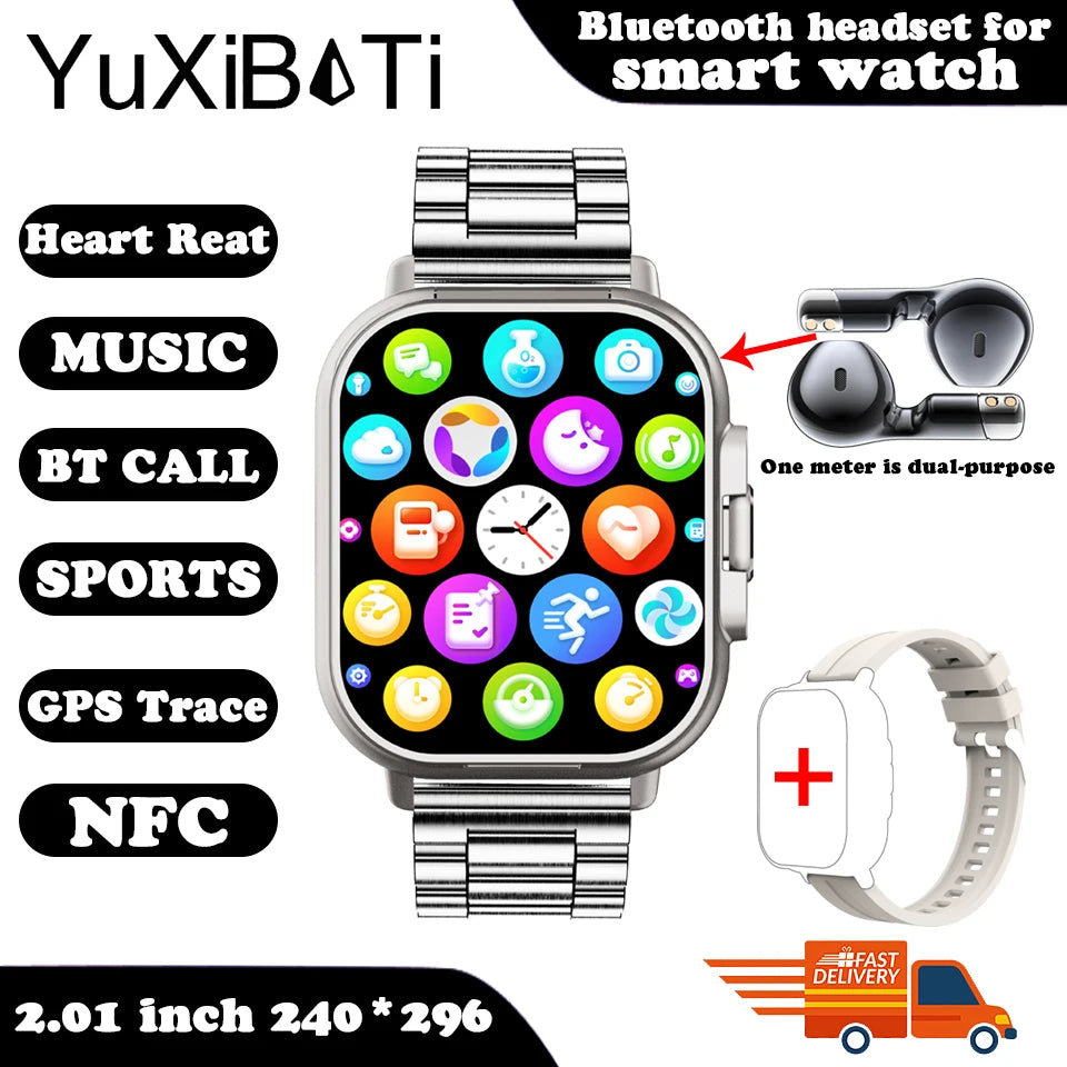 2024 relógio inteligente 2 em 1 com fone de ouvido smartwatch bluetooth chamada relógio masculino gps pista monitor freqüência cardíaca jogar música smartwatch