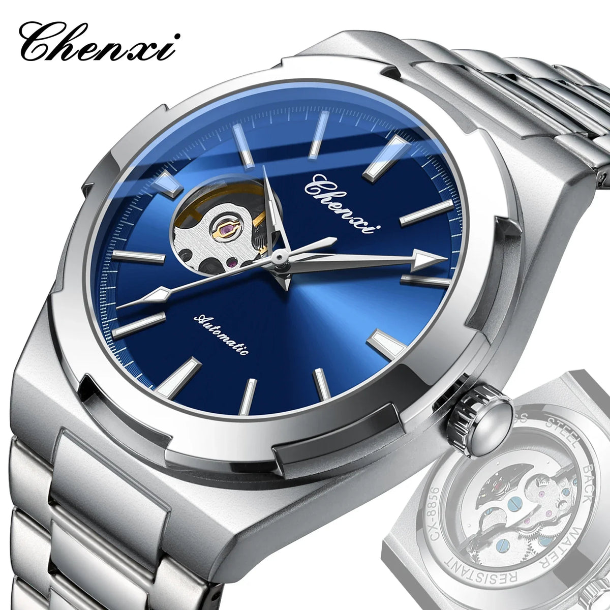 Chenxi 8856 marca superior movimento automático relógio mecânico para homens esqueleto oco homem relógios à prova dwaterproof água relógio de pulso de negócios