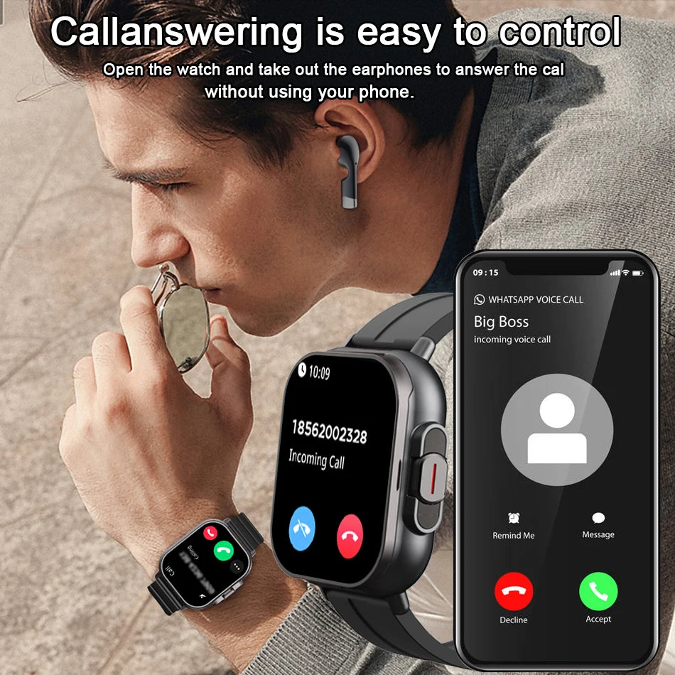 2024 relógio inteligente 2 em 1 com fone de ouvido smartwatch bluetooth chamada relógio masculino gps pista monitor freqüência cardíaca jogar música smartwatch