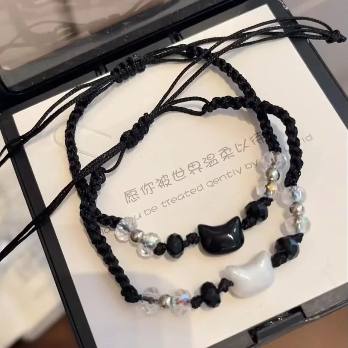 2 pçs natural moonstone obsidiana pulseiras artesanal casal bonito preto branco gato pulseira acessórios jóias