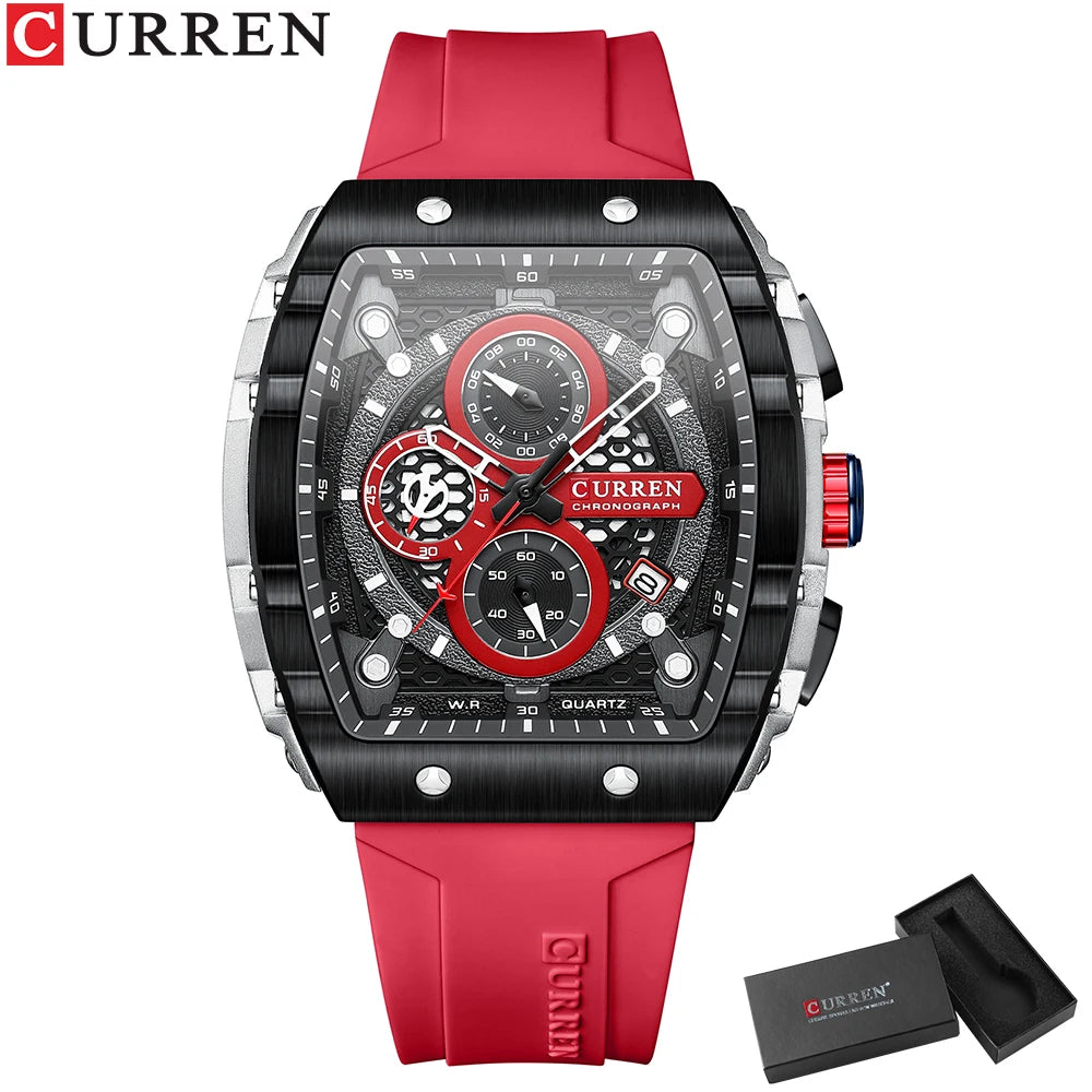 CURREN Esporte Cronógrafo Relógio de Quartzo para Homens Moda Azul Pulseira de Silicone Tonneau Dial Relógio de Pulso com Data 3atm À Prova D 'Água