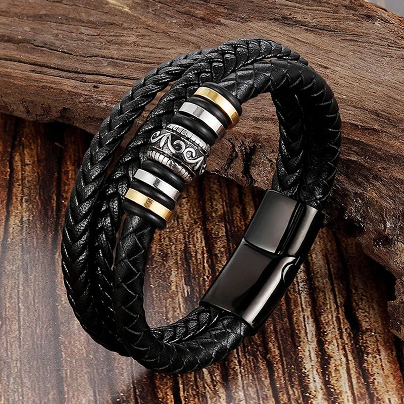 Moda pulseiras de couro vermelho masculino aço inoxidável multicamadas trançado corda pulseiras para mulheres pulseira jóias presentes sp1076