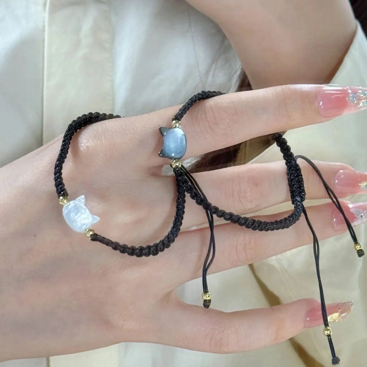 2 pçs natural moonstone obsidiana pulseiras artesanal casal bonito preto branco gato pulseira acessórios jóias