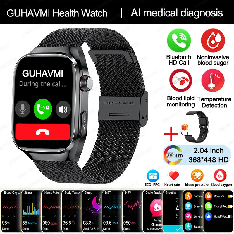 2024 novo grau médico ácido úrico gordura no sangue smartwatch ecg glicose no sangue freqüência cardíaca pressão arterial monitoramento de saúde relógio inteligente