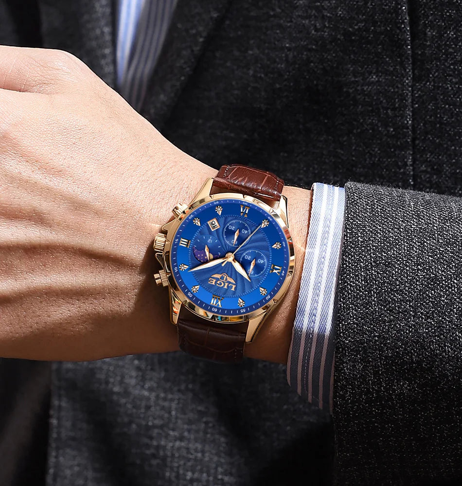 Novos relógios masculinos lige marca superior de luxo couro casual relógio quartzo esporte à prova dwaterproof água relógio relogios masculino + caixa
