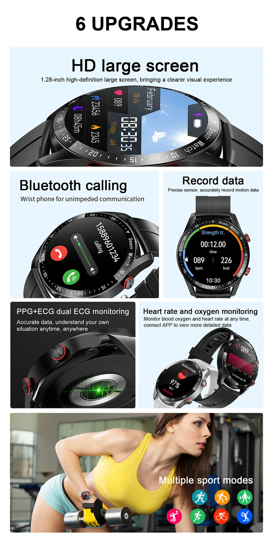 Impermeável relógio inteligente para homens, Bluetooth chamada, saúde do laser, pressão arterial, fitness esportes relógios, caixa, ECG, PPG