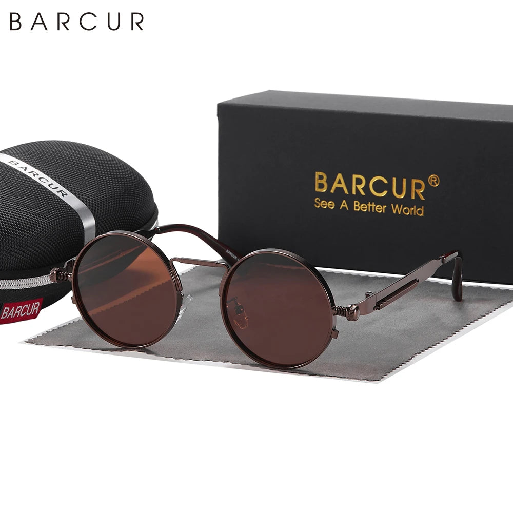 Barcur-redondo óculos de sol para homens e mulheres, polarizada, retro, steampunk, estilo vintage, uv400, acessório