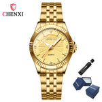 CHENXI-Homens e Mulheres Relógio De Pulso De Quartzo De Aço Inoxidável, Relógios De Negócios Impermeáveis, Relógios De Vestido Dourado Único, Marca De Luxo, 050A