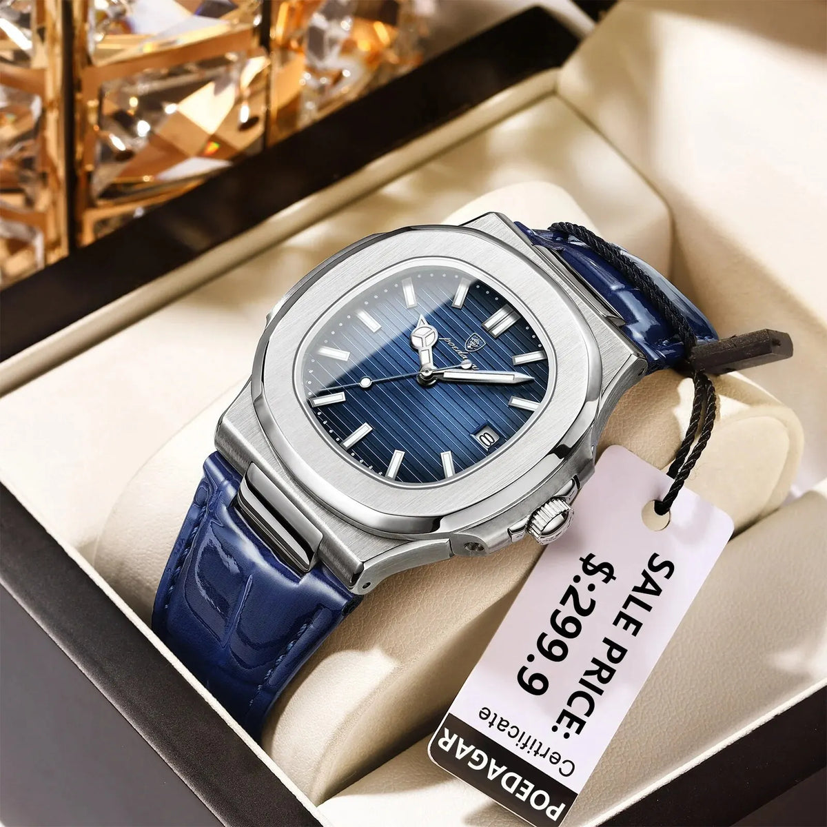 Poedagar topo de luxo quadrado homem relógio data à prova dwaterproof água luminosa relógio de pulso masculino couro alta qualidade relógios quartzo + caixa reloj