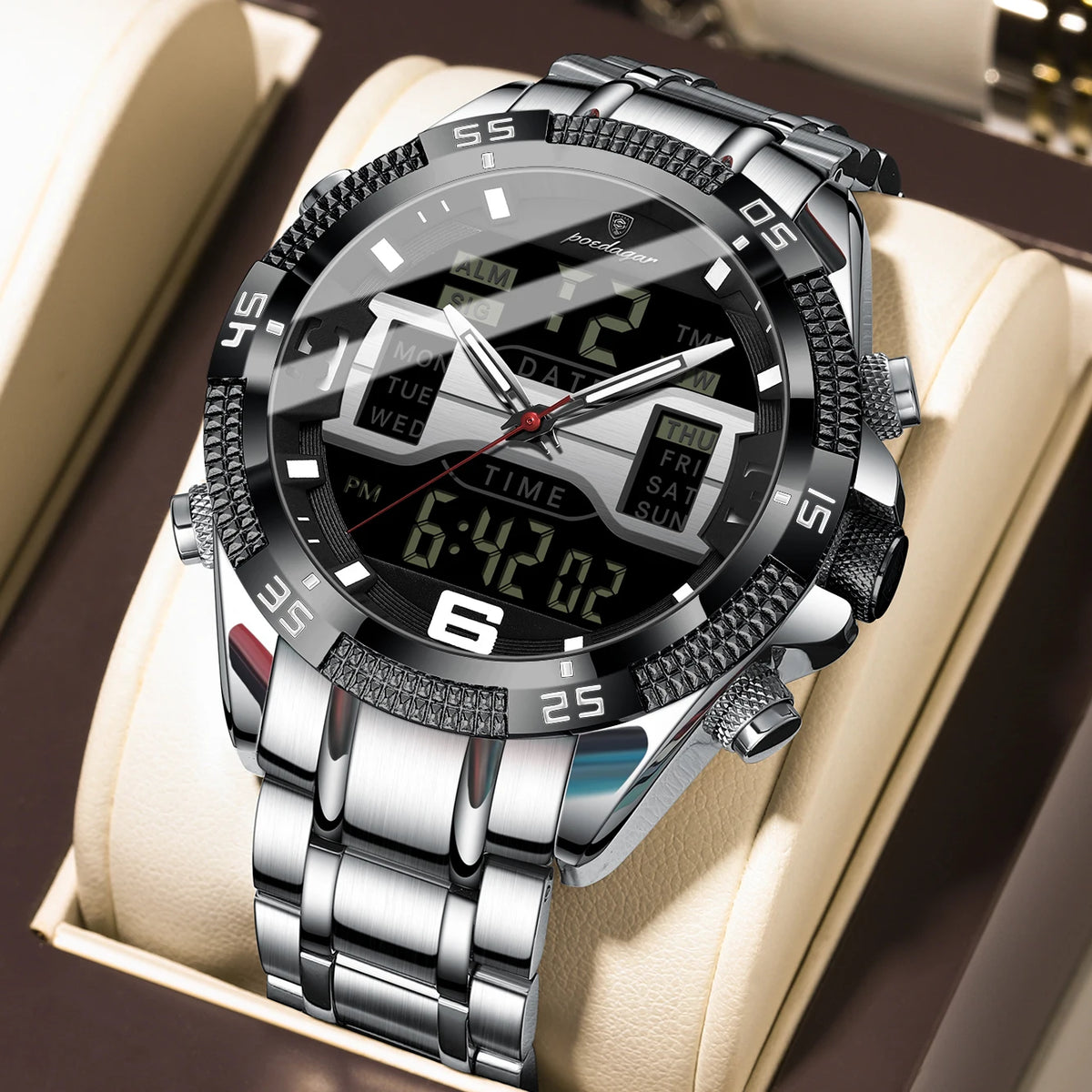 Poedagar led relógio de luxo masculino esportes dupla exibição tempo digital luminoso semana data homem relógio de pulso eletrônico quartzo relógios masculinos