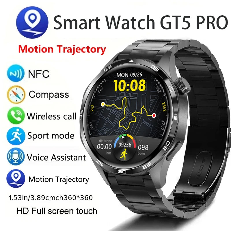 Gt5 pro relógio inteligente masculino 5 pro amoled tela hd bluetooth chamada trajetória gps nfc freqüência cardíaca bússola smartwatches 2024 novo