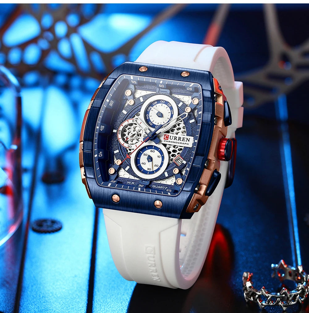 CURREN Esporte Cronógrafo Relógio de Quartzo para Homens Moda Azul Pulseira de Silicone Tonneau Dial Relógio de Pulso com Data 3atm À Prova D 'Água
